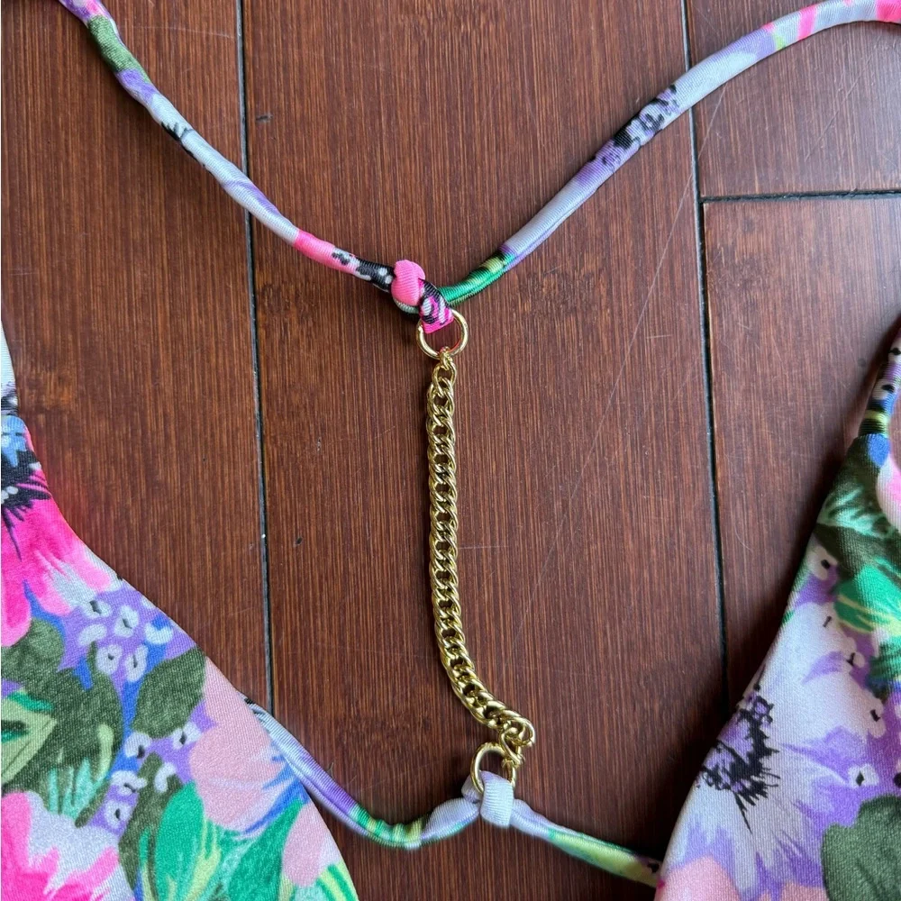 Multicolored Floral Bikini Top With Gold Chain Accents By Victoria's‎ Secret